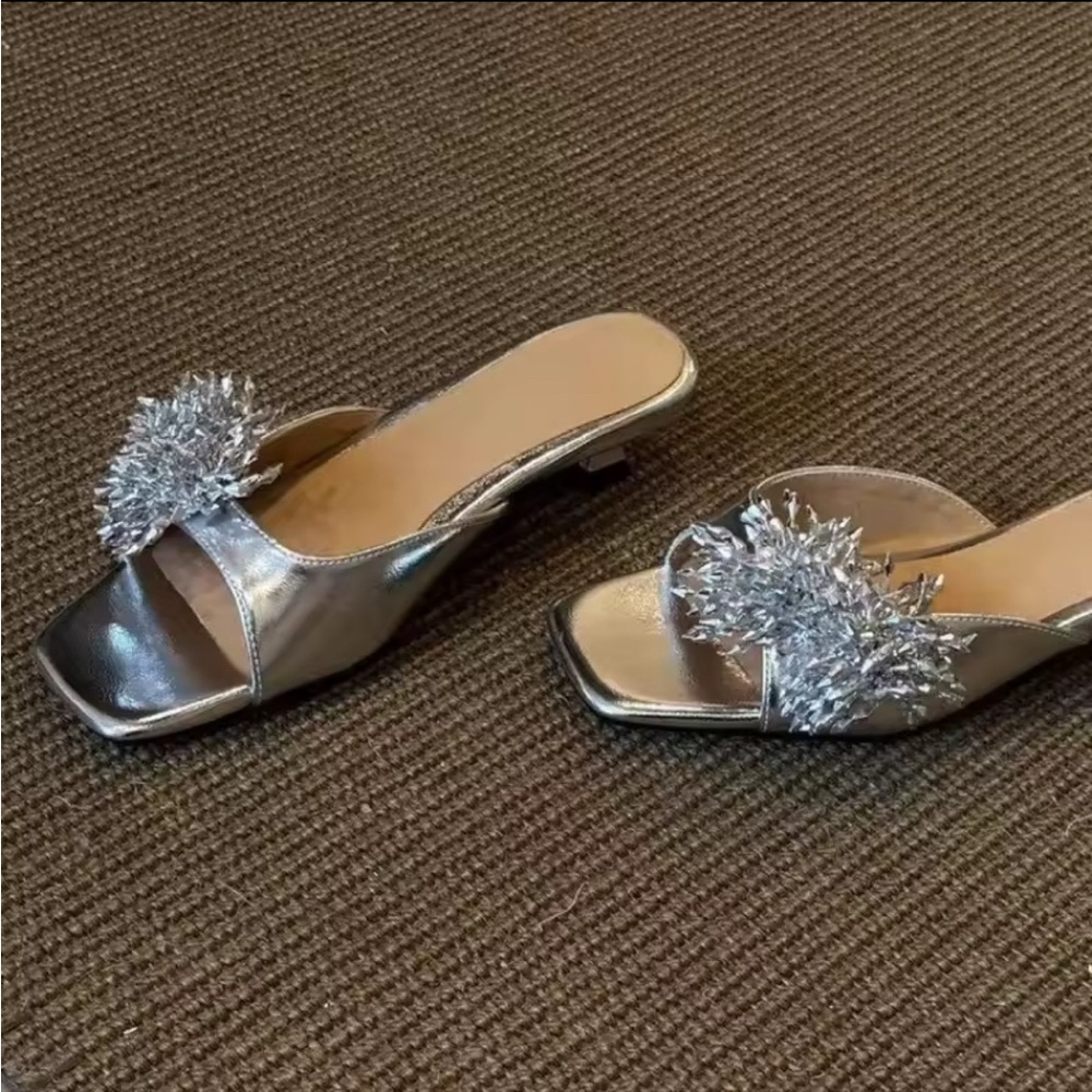 Fashion Bug Silver Mules with Floral Accent
